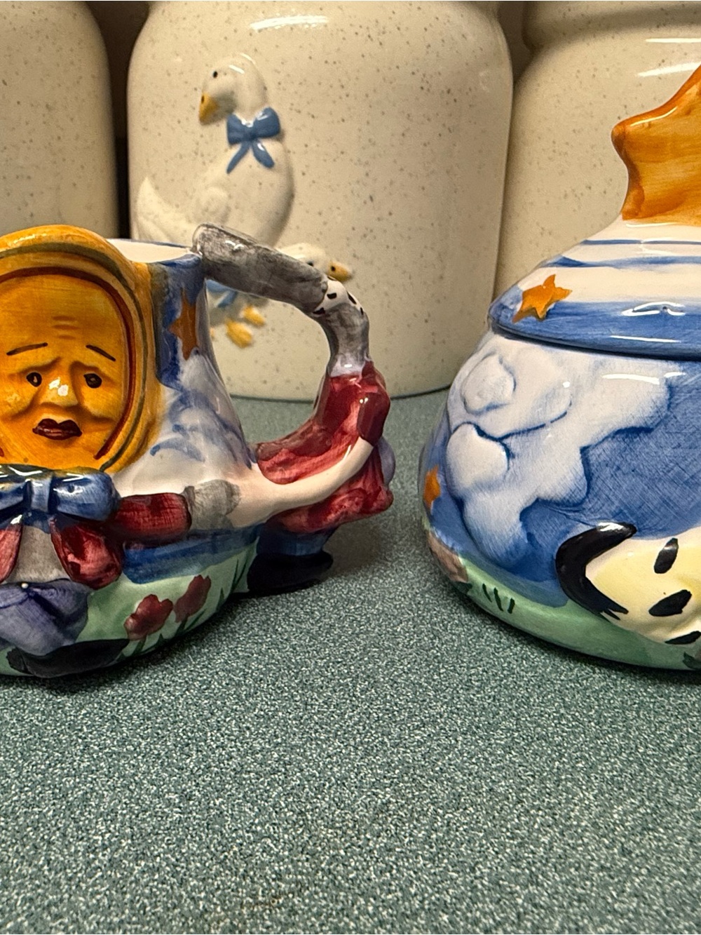 Hand-Painted Ceramic Sun & Moon Sugar Bowl Set — Blue, Yellow, Red